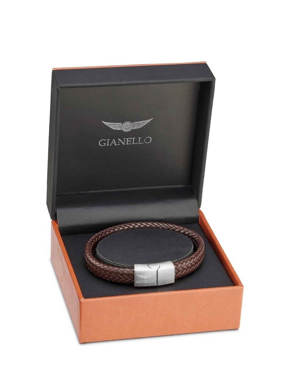 Gianello Brown Braided Leather Bracelet with Stainless Steel Clasp